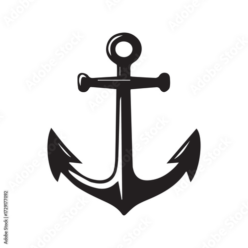 Nautical anchor icon or symbol of a heavy metal ship anchor with chain and rope, isolated on a white background, perfect for a marine design or tattoo