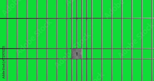 4k Resolution Video: Security Concept. Black Prison Jail Bars With Central Keyhole Closes and Opens On Green Screen Background with Alpha Matte