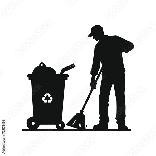 Silhouette of a sanitation worker in a baseball cap sweeping the ground next to a recycling bin
