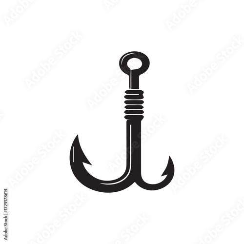 A sharp steel fishing hook and a metal anchor are isolated against a white background