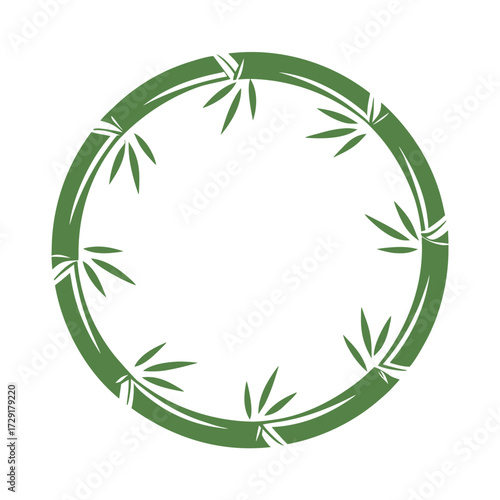 Green bamboo stalks and leaves forming a circular frame on white background vector