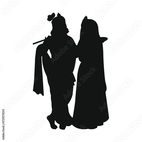 Silhouette of lord krishna playing flute and radha standing beside him in traditional indian attire