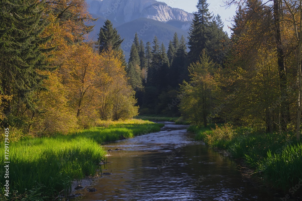 Fototapeta premium A calm stream meanders through a dense woodland filled with towering trees