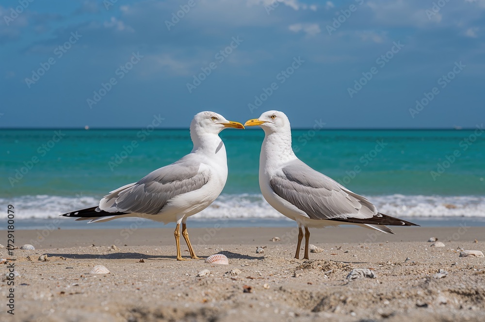 Fototapeta premium Two Caspian Gulls standing on sandy shore with ocean view
