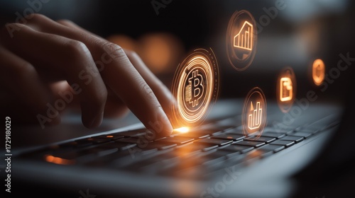 Fintech concept with hand typing on keyboard, digital finance icons, and glowing data visualization for business innovation.