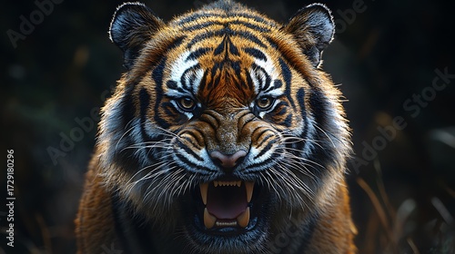 Aggressive Tiger Roaring with Bared Teeth in a Close- Up Portrait bengal tiger animal photo