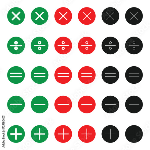 Basic mathematical symbol. Plus, minus, multiply, divide icon set. Plus and minus icon set. plus and minus signs. 