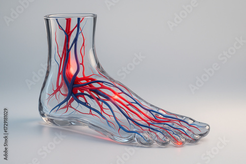 3D Transparent Glass Human Foot with Visible Circulatory System and Blood Vessels