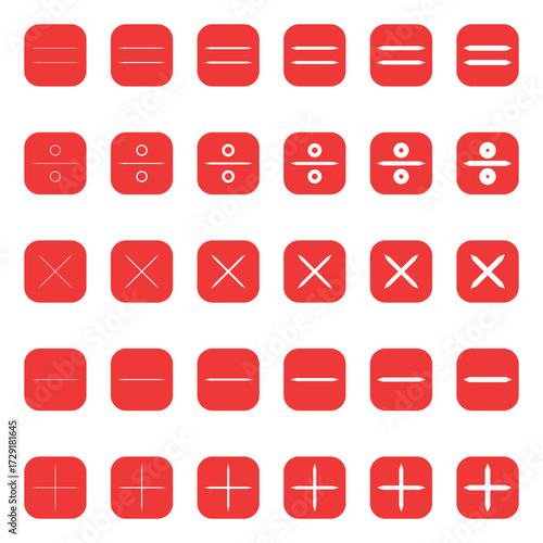 Plus, minus, multiply, divide and equal sign icon design set. Addition, subtraction, multiplication, division, equal sign, icon symbol. Mathematical symbol icon 