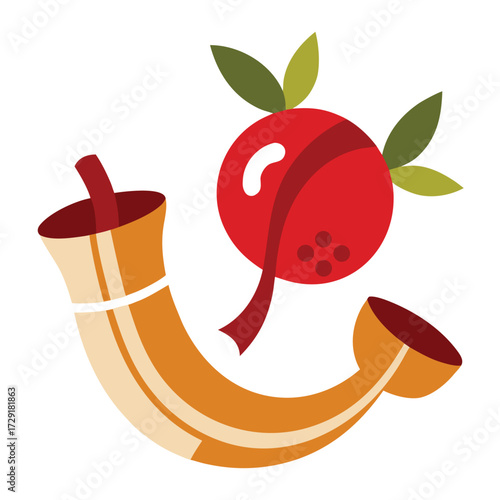 Pomegranates and Shofar Vector Illustration ? Jewish Holiday Rosh Hashanah Symbol Design.eps
