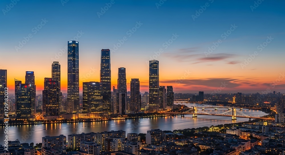 Fototapeta premium Cityscape skyline at sunset with buildings illuminated against a colorful sky