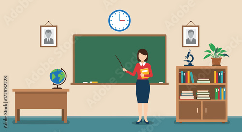 Classroom interior with teacher, chalkboard and globe, educational setting illustration, academic learning environment, school teaching concept vector