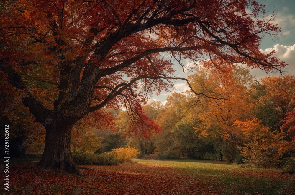 Fototapeta premium Vintage maple trees displaying autumn colors in a park
