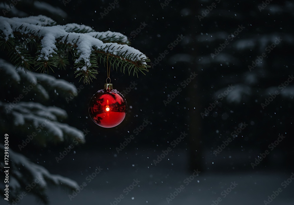 Fototapeta premium Single red christmas ornament hanging from a snow covered pine branch isolated on white background