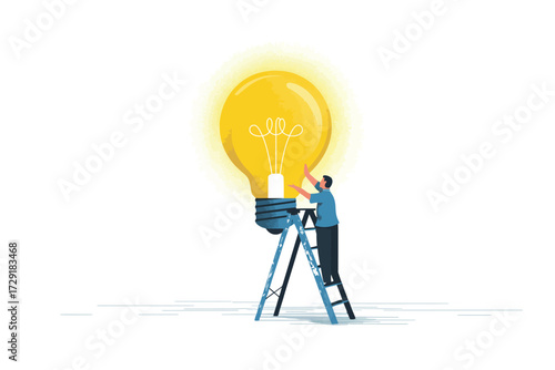 Illustrator's conception of a person on a ladder changing a brilliant lightbulb, symbolizing a new idea or inspiration, concept art
