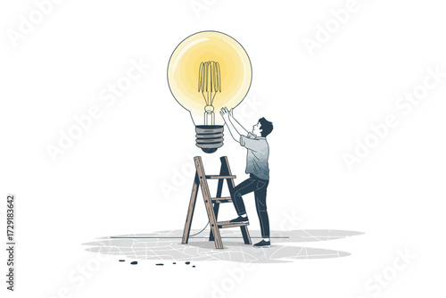 Illuminating Ideas A person on a ladder placing a lightbulb, representing creativity and innovation
