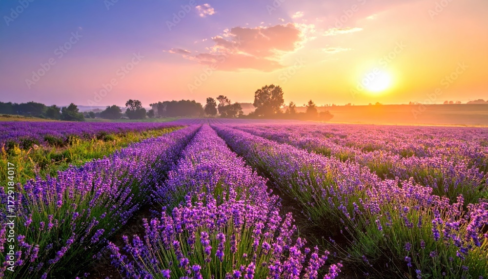 Naklejka premium Beautiful Lavender Fields Under Golden Sky at Sunrise