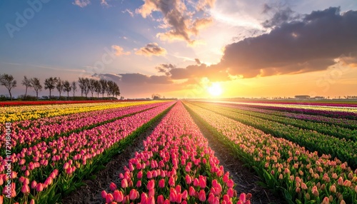 Wallpaper Mural Colorful Tulip Fields at Sunset with Vibrant Blossoms and Sky Torontodigital.ca
