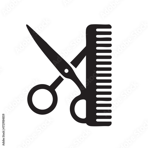 Iconic black silhouette of barber scissors crossed with a comb symbolizing hair salon and grooming services