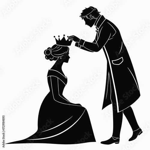 silhouette illustration on a white background. It depicts a man placing a crown on the head of a kneeling woman. The man is wearing what appears to be a long coat or jacket,