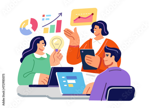 People at meeting discussing ideas, teamwork. Brainstorming session and collaborative work. Business presentation