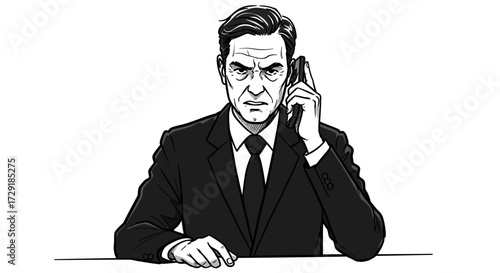 Serious Businessman Talking on Phone with Angry Expression