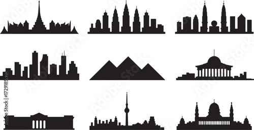 Urban Cityscape Landmarks. Skyline Silhouette With Tower. Tourist Attraction View