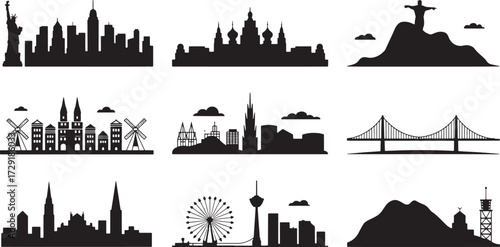 Cityscape Skyline Silhouette Set Landmark Travel Destinations Tourist Attractions Building Designs