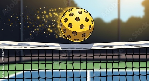 Pickleball game action shot, net, ball.