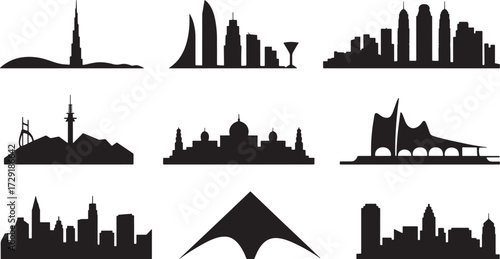 Global cityscape collection silhouette design Famous buildings landmarks travel destination
