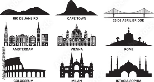 Landmark silhouette set World famous architecture buildings travel destinations culture design