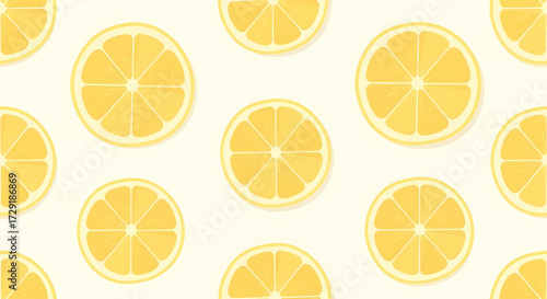 Seamless pattern of vibrant yellow lemon slices on a pale cream background for a fresh and zesty feel