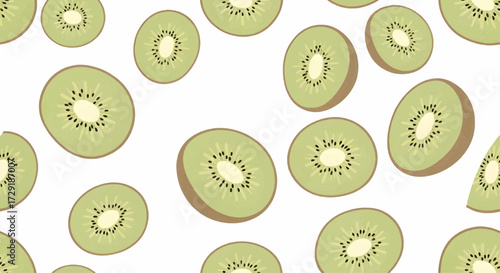 Vibrant and healthy kiwi fruit slices creating a seamless pattern on a clean white background