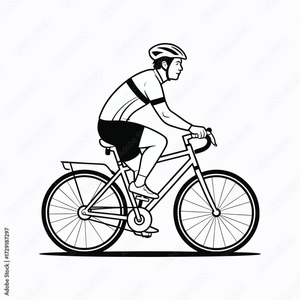 Obraz premium Black and white illustration of a male cyclist wearing a helmet and cycling gear bicycle bike