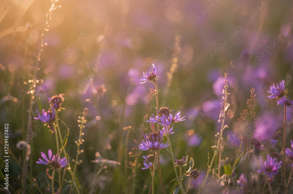 Naklejka premium Close-up of vibrant wildflowers in a field during golden hour with blurred background