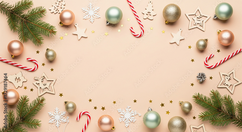 Fototapeta premium Flat lay Christmas decorations with pine branches, baubles, snowflakes, natural wooden ornaments, and candy canes on pastel background, clean holiday composition with copy space for festive greeting d