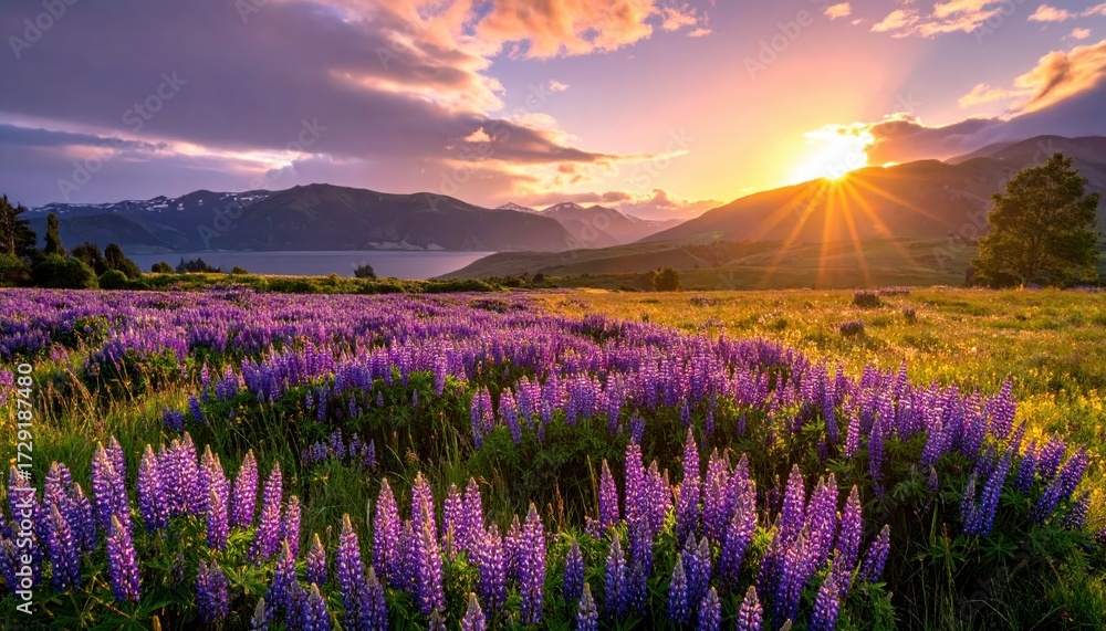 Obraz premium Vibrant Lavender Fields Under a Majestic Sunset Landscape