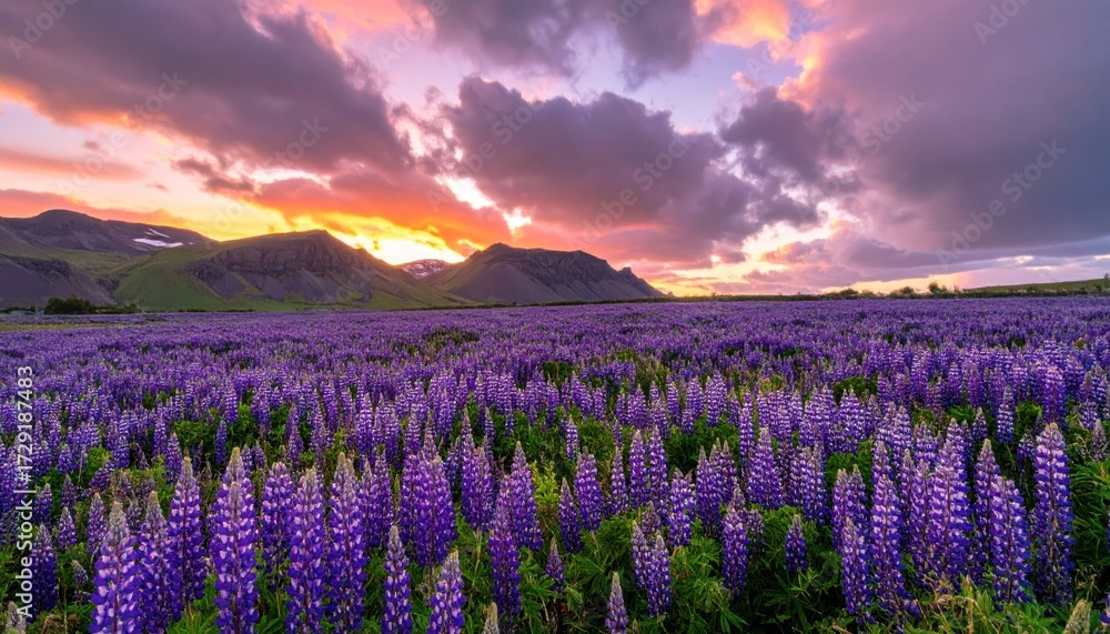 Fototapeta premium Vibrant Lavender Field Under Dramatic Sunset with Dark Clouds