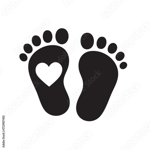 Adorable black baby footprints with a white heart inside one sole symbolizing love and new life