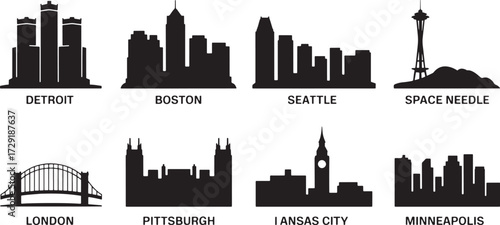 City Skyline Silhouette Vector Illustration World Famous Landmark Architecture View Design Set