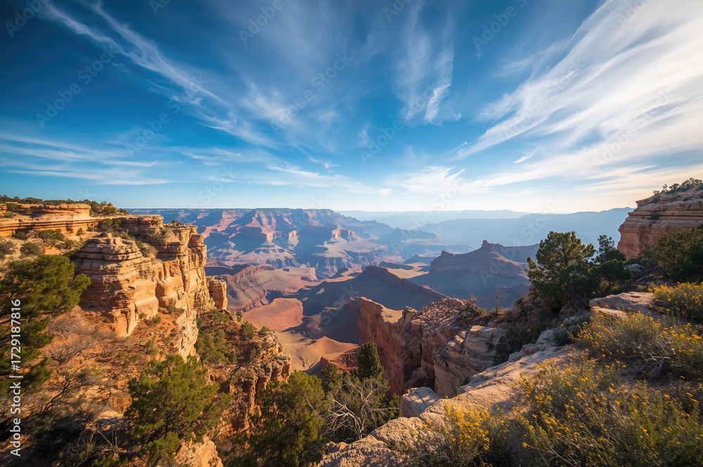 Fototapeta premium Lush landscapes around a massive canyon created with AI technology