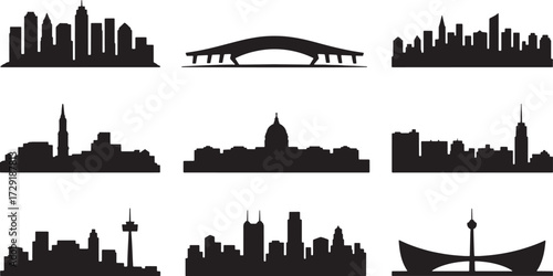 Cityscape Silhouette Architecture Famous Landmark World Destination Design Vector Illustration