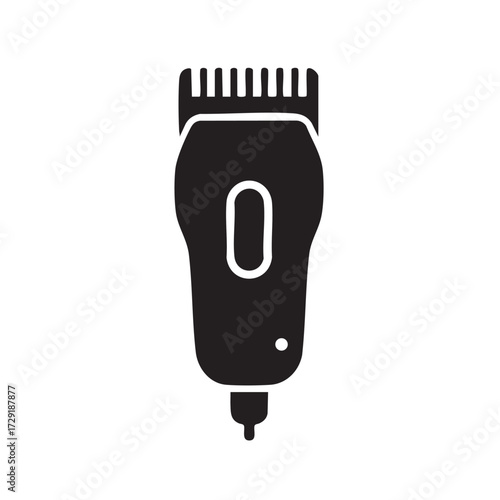Simple black silhouette icon of a modern electric hair clipper with a cord on a white background