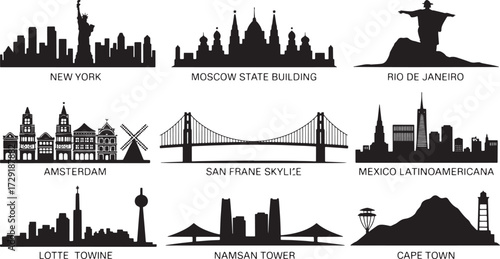 City Skyline Black Silhouette Illustration Architecture Landmark Destination Design Vector Set