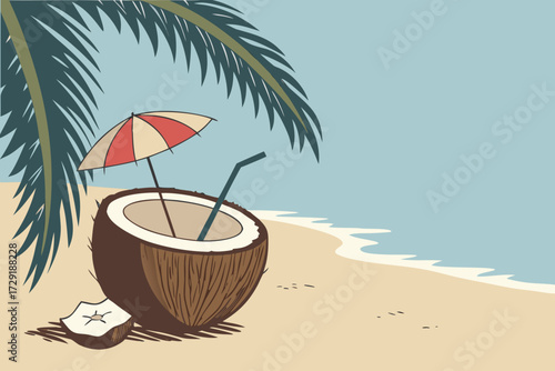  tropical beach, coconut shell cocktail, umbrella, blue sky, minimalist, still life, 4k, highly detailed, photorealistic