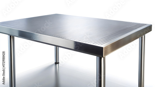 A stainless steel table with a perforated surface and four legs, isolated on a white background