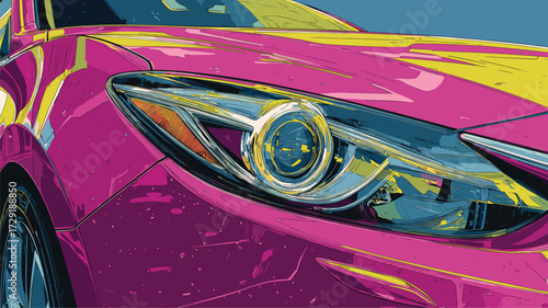 Vibrant pink and yellow car headlight close up for modern automotive marketing.
