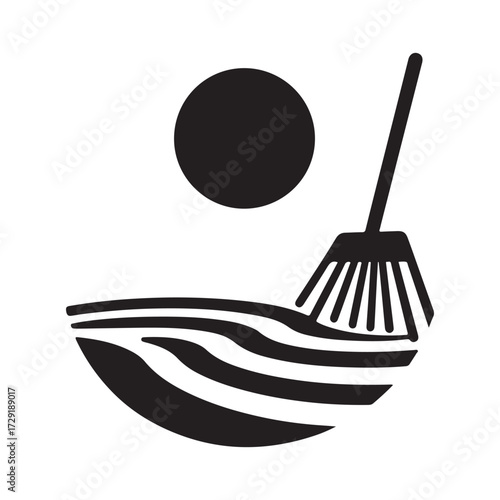 Zen garden rake making ripple lines in sand vector silhouette clip art logo design concept illustration