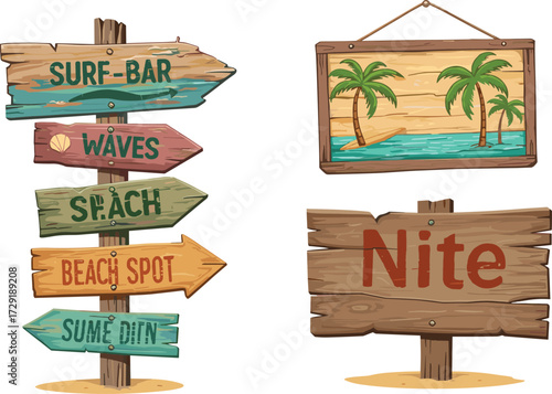 Beach wooden signboard vector, tropical direction arrows, surf bar signage, summer vacation icons, cartoon style, palm scene illustration set