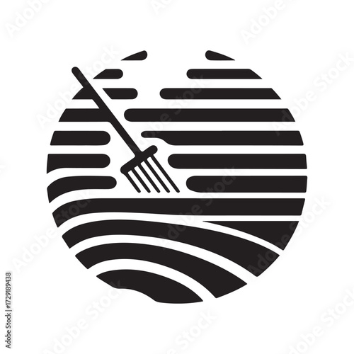 Zen garden rake making ripple lines in sand vector silhouette clip art logo design concept illustration